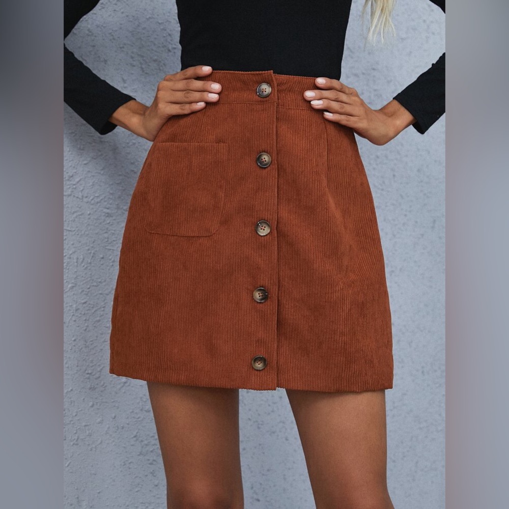SHEIN Rust Corduroy Button-Up Mini Skirt